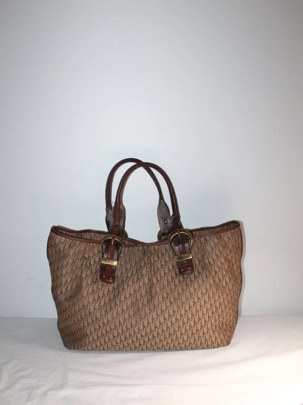 Christian Dior Vintage Trotter Canvas Tote Monogram  Brown Buckle Shoulder Bag